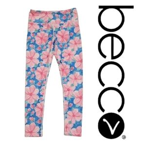 BECCO Blue & Pink Tropical Hibiscus Print 25" Leggings Sz Small